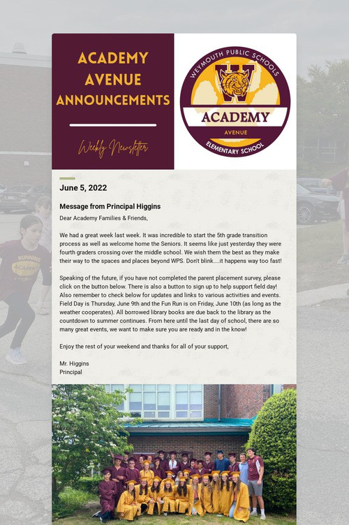Academy Avenue Announcements