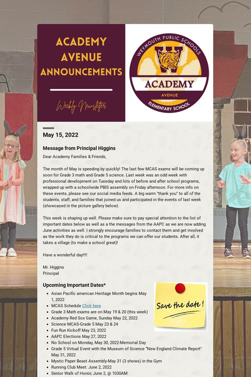 Academy Avenue Announcements